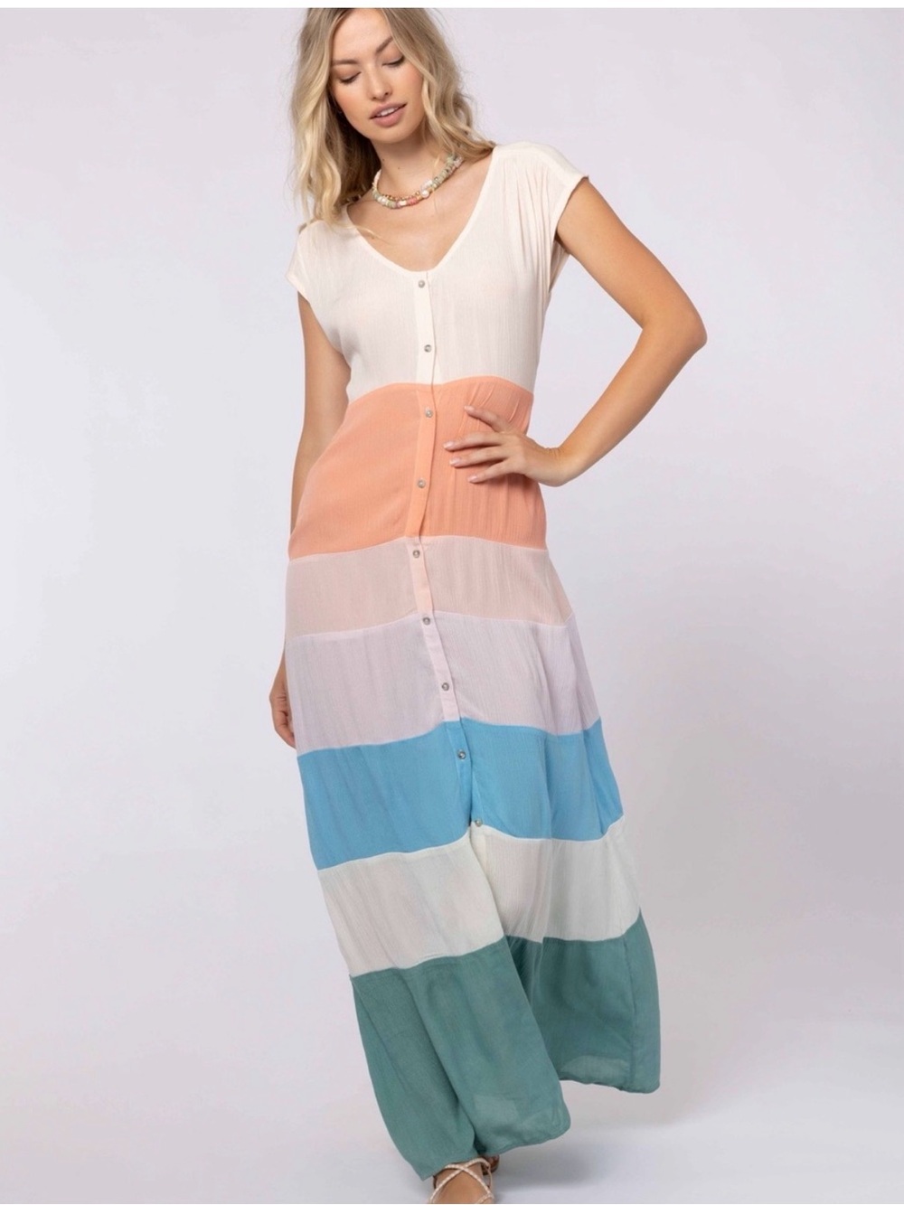 Oneill’s Gemma Color Block Tiered Maxi Dress in Pastel Stripes Size Sm